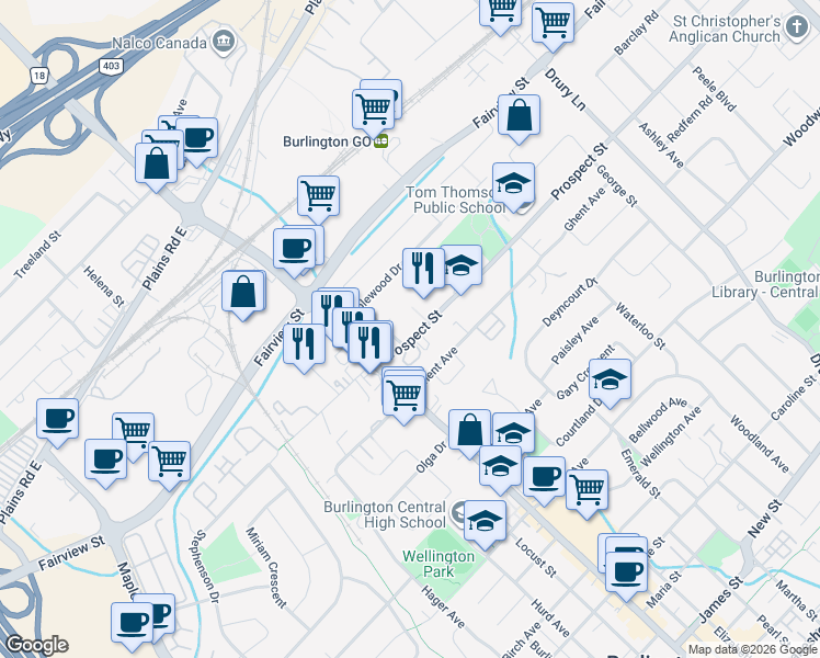 map of restaurants, bars, coffee shops, grocery stores, and more near 2043 Prospect Street in Burlington