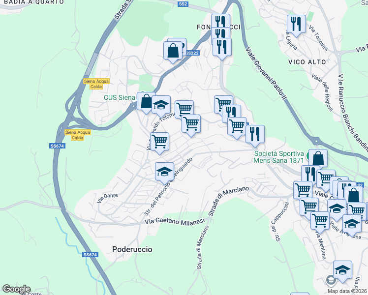 map of restaurants, bars, coffee shops, grocery stores, and more near 11 Via Giovanni Colombini in Siena
