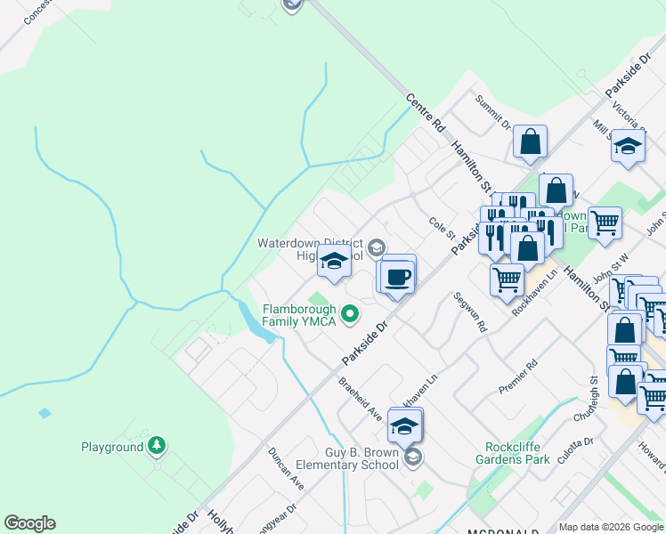 map of restaurants, bars, coffee shops, grocery stores, and more near 215 Nisbet Boulevard in Hamilton