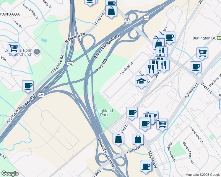 map of restaurants, bars, coffee shops, grocery stores, and more near 1266 Treeland Street in Burlington