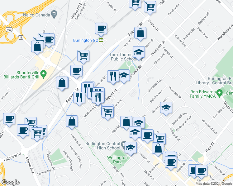 map of restaurants, bars, coffee shops, grocery stores, and more near 2052 Prospect Street in Burlington