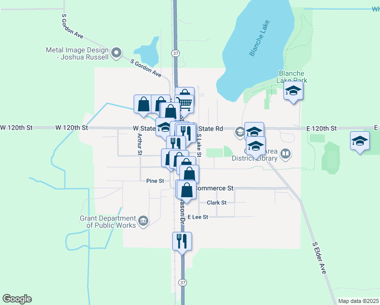 map of restaurants, bars, coffee shops, grocery stores, and more near East Main Street in Grant