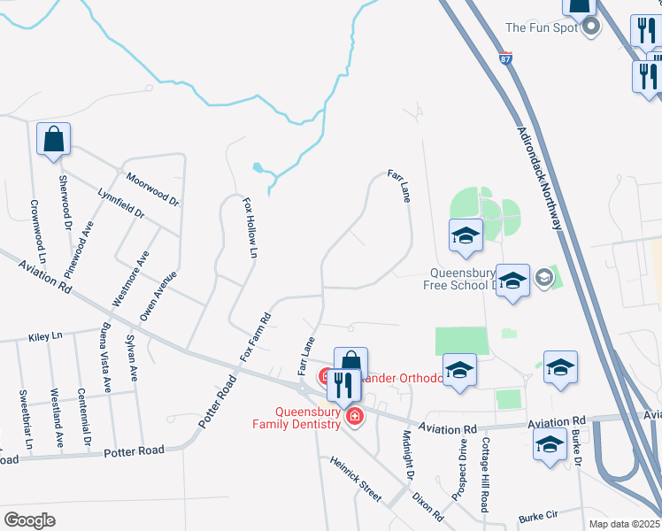 map of restaurants, bars, coffee shops, grocery stores, and more near 66 Farr Lane in Queensbury