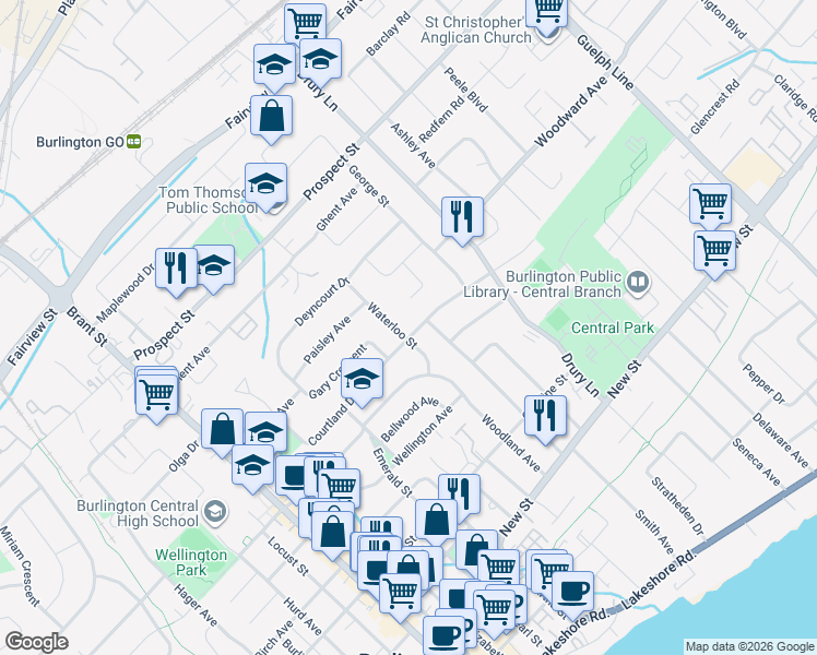 map of restaurants, bars, coffee shops, grocery stores, and more near 2181 Courtland Drive in Burlington