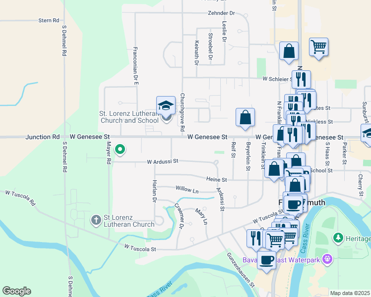 map of restaurants, bars, coffee shops, grocery stores, and more near 725 West Genesee Street in Frankenmuth