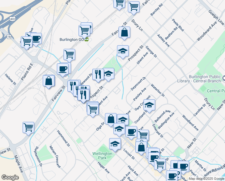 map of restaurants, bars, coffee shops, grocery stores, and more near Ghent Avenue in Burlington