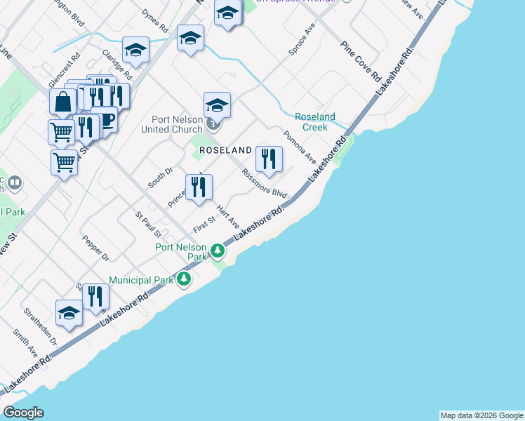 map of restaurants, bars, coffee shops, grocery stores, and more near 3087 Lakeshore Road in Burlington