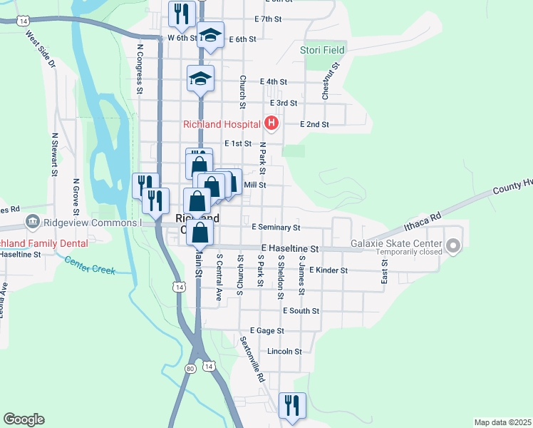 map of restaurants, bars, coffee shops, grocery stores, and more near 141 South Park Street in Richland Center