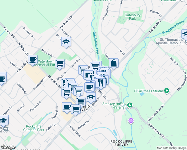 map of restaurants, bars, coffee shops, grocery stores, and more near 40 Mill Street North in Hamilton