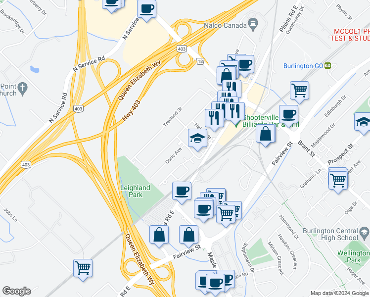 map of restaurants, bars, coffee shops, grocery stores, and more near 1038 Glendor Avenue in Burlington