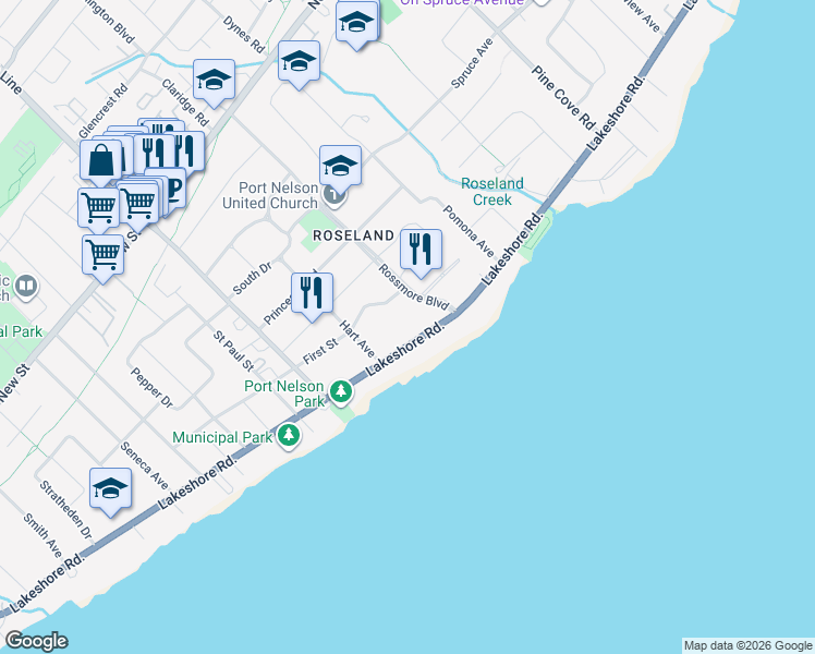 map of restaurants, bars, coffee shops, grocery stores, and more near 3087 Lakeshore Road in Burlington