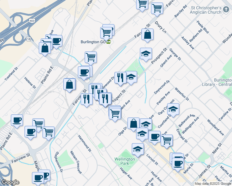 map of restaurants, bars, coffee shops, grocery stores, and more near 2043 Prospect Street in Burlington