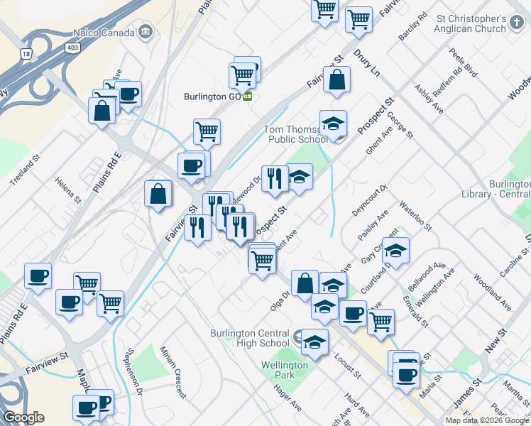 map of restaurants, bars, coffee shops, grocery stores, and more near 799 Robinson Street in Burlington