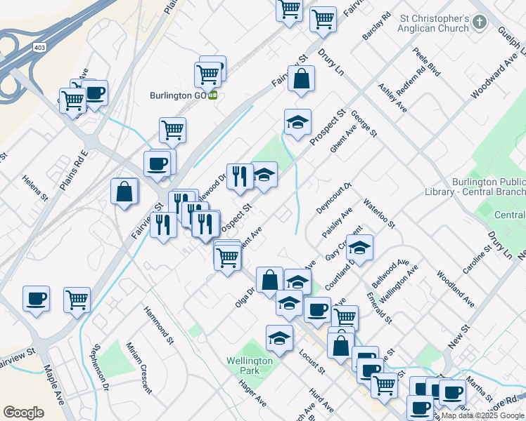 map of restaurants, bars, coffee shops, grocery stores, and more near 2071 Ghent Avenue in Burlington