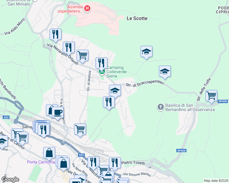 map of restaurants, bars, coffee shops, grocery stores, and more near Via Antonio Pacinotti in Siena