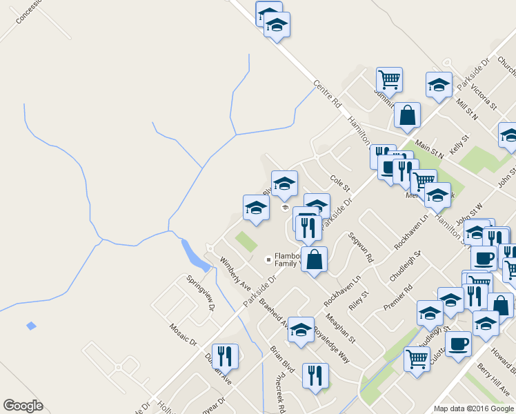 map of restaurants, bars, coffee shops, grocery stores, and more near 205 Nisbet Boulevard in Hamilton