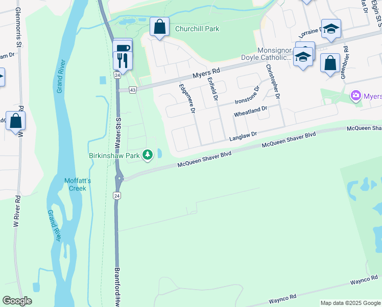 map of restaurants, bars, coffee shops, grocery stores, and more near 149 Langlaw Drive in Cambridge