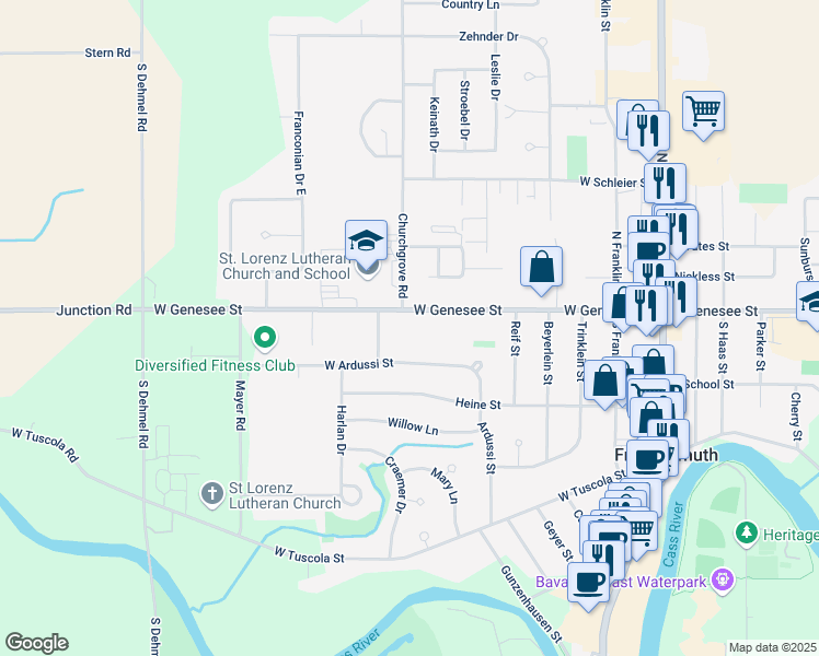 map of restaurants, bars, coffee shops, grocery stores, and more near 725 West Genesee Street in Frankenmuth