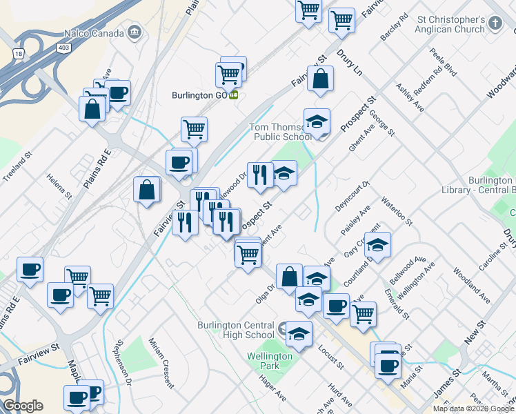 map of restaurants, bars, coffee shops, grocery stores, and more near 2049 Prospect Street in Burlington