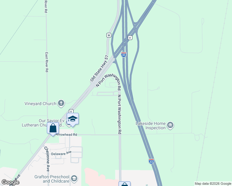 map of restaurants, bars, coffee shops, grocery stores, and more near 1595 Port Washington Road in Grafton