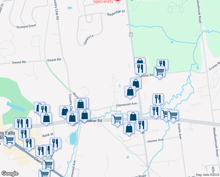 map of restaurants, bars, coffee shops, grocery stores, and more near 40 Lyon Court in Glens Falls North