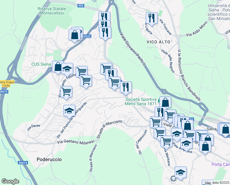 map of restaurants, bars, coffee shops, grocery stores, and more near 32 Strada del Petriccio e Belriguardo in Siena
