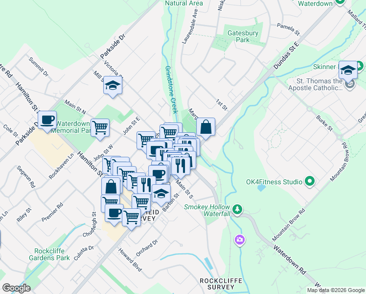 map of restaurants, bars, coffee shops, grocery stores, and more near 16 Mill Street North in Hamilton
