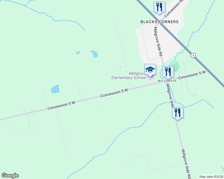 map of restaurants, bars, coffee shops, grocery stores, and more near 421 Concession 5 West in Hamilton