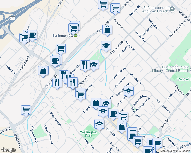 map of restaurants, bars, coffee shops, grocery stores, and more near in Burlington