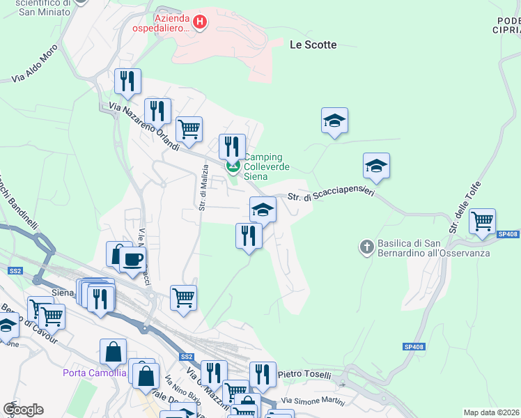 map of restaurants, bars, coffee shops, grocery stores, and more near Via Antonio Pacinotti in Siena