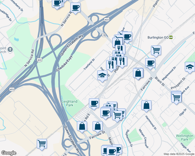 map of restaurants, bars, coffee shops, grocery stores, and more near 1043 Glendor Avenue in Burlington