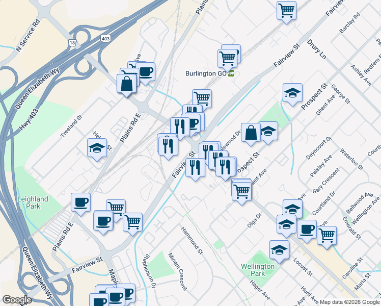 map of restaurants, bars, coffee shops, grocery stores, and more near 1609 Fairview Street in Burlington