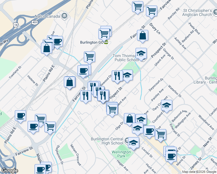 map of restaurants, bars, coffee shops, grocery stores, and more near 2051 Prospect Street in Burlington