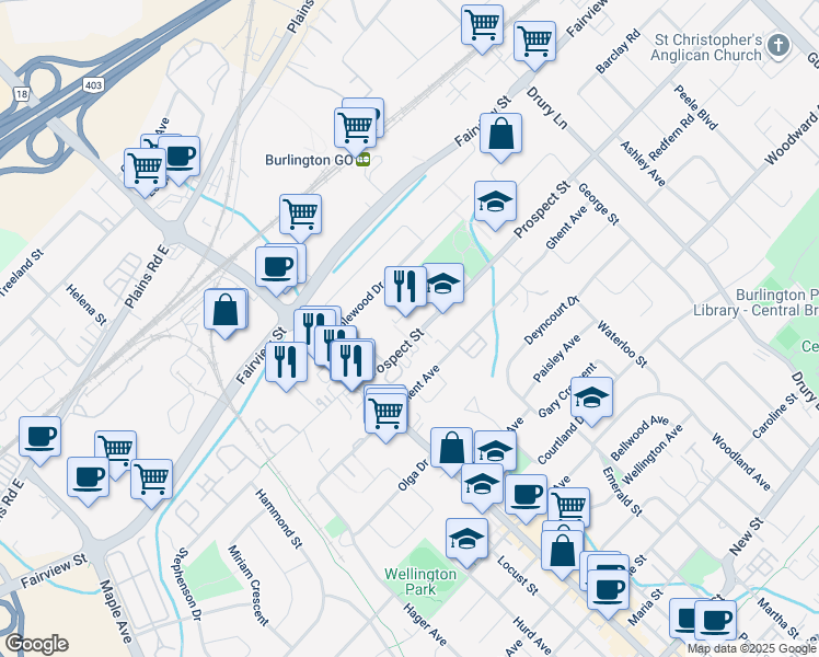 map of restaurants, bars, coffee shops, grocery stores, and more near 2067 Prospect Street in Burlington