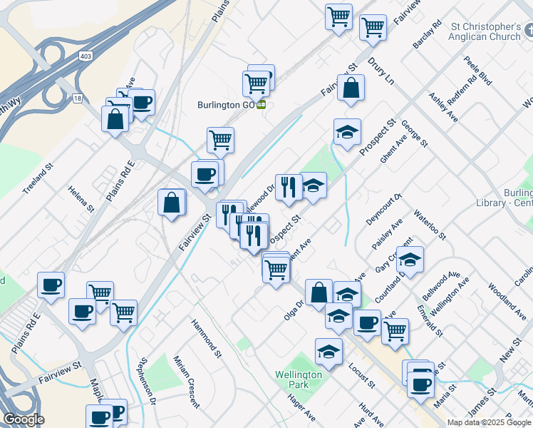 map of restaurants, bars, coffee shops, grocery stores, and more near 799 Robinson Street in Burlington