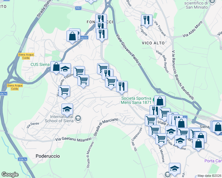 map of restaurants, bars, coffee shops, grocery stores, and more near 2 Via C. Cittadini in Siena