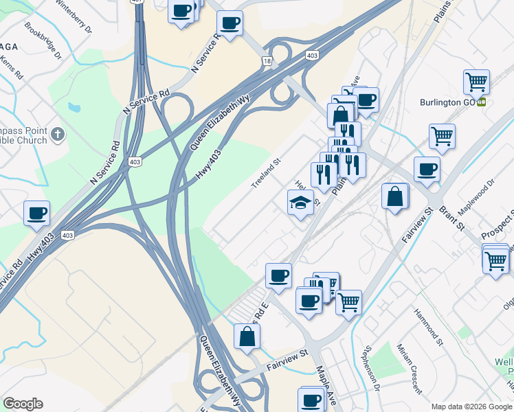map of restaurants, bars, coffee shops, grocery stores, and more near 1303 Leighland Road in Burlington
