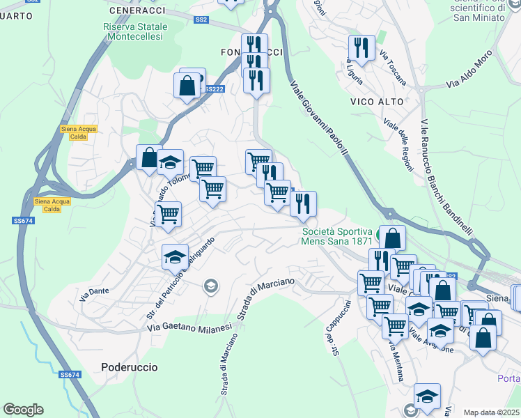 map of restaurants, bars, coffee shops, grocery stores, and more near 48 Strada del Petriccio e Belriguardo in Siena