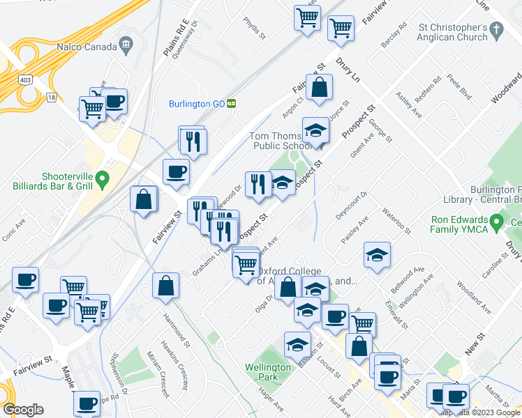 map of restaurants, bars, coffee shops, grocery stores, and more near 2052 Prospect Street in Burlington