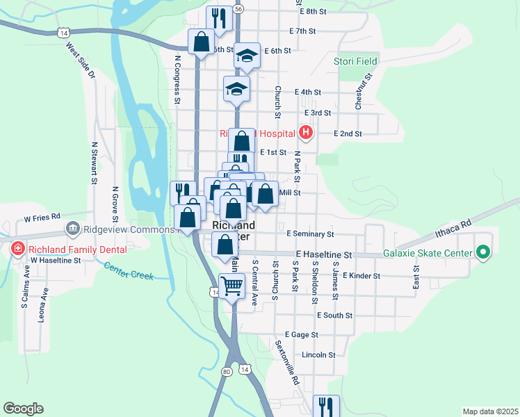 map of restaurants, bars, coffee shops, grocery stores, and more near 174 South Central Avenue in Richland Center