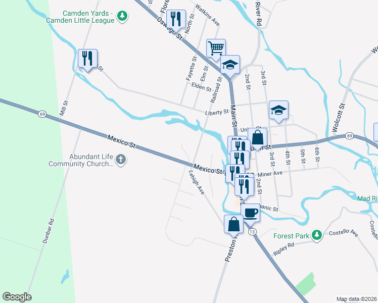 map of restaurants, bars, coffee shops, grocery stores, and more near 1 Railroad Avenue in Camden