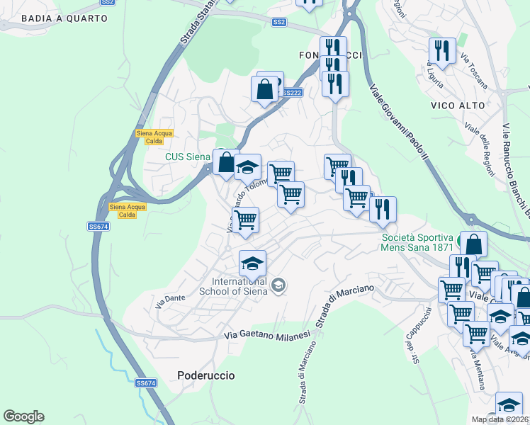 map of restaurants, bars, coffee shops, grocery stores, and more near Via Savina Petrilli in Siena