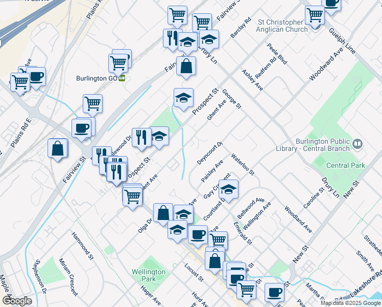 map of restaurants, bars, coffee shops, grocery stores, and more near 2133 Ghent Avenue in Burlington