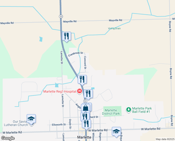 map of restaurants, bars, coffee shops, grocery stores, and more near 6390 Locust Street in Marlette