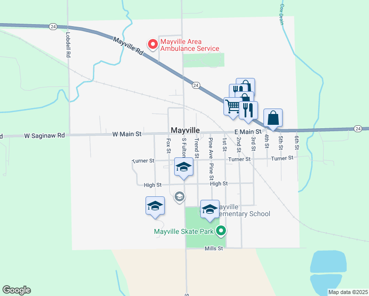 map of restaurants, bars, coffee shops, grocery stores, and more near 6055 Fulton Street in Mayville