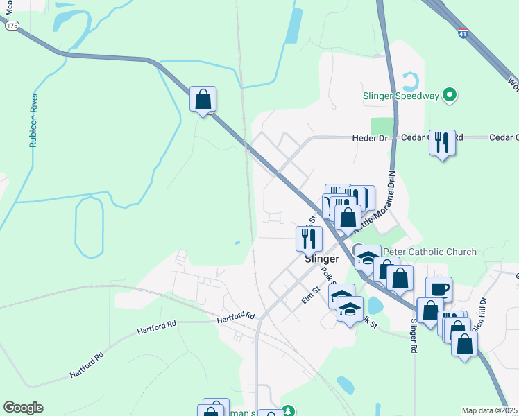 map of restaurants, bars, coffee shops, grocery stores, and more near 121 North Maple Avenue in Slinger