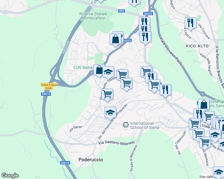 map of restaurants, bars, coffee shops, grocery stores, and more near Via Savina Petrilli in Siena