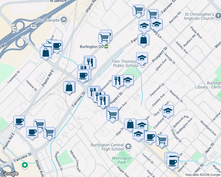 map of restaurants, bars, coffee shops, grocery stores, and more near 2055 Prospect Street in Burlington