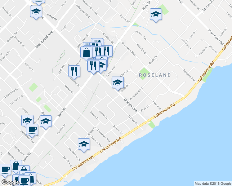 map of restaurants, bars, coffee shops, grocery stores, and more near 353 Guelph Line in Burlington