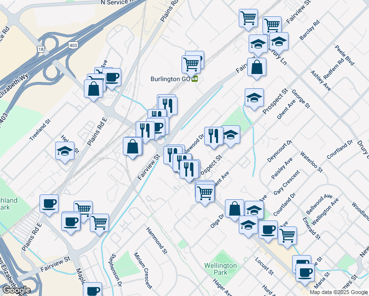map of restaurants, bars, coffee shops, grocery stores, and more near 2042 Edinburgh Drive in Burlington